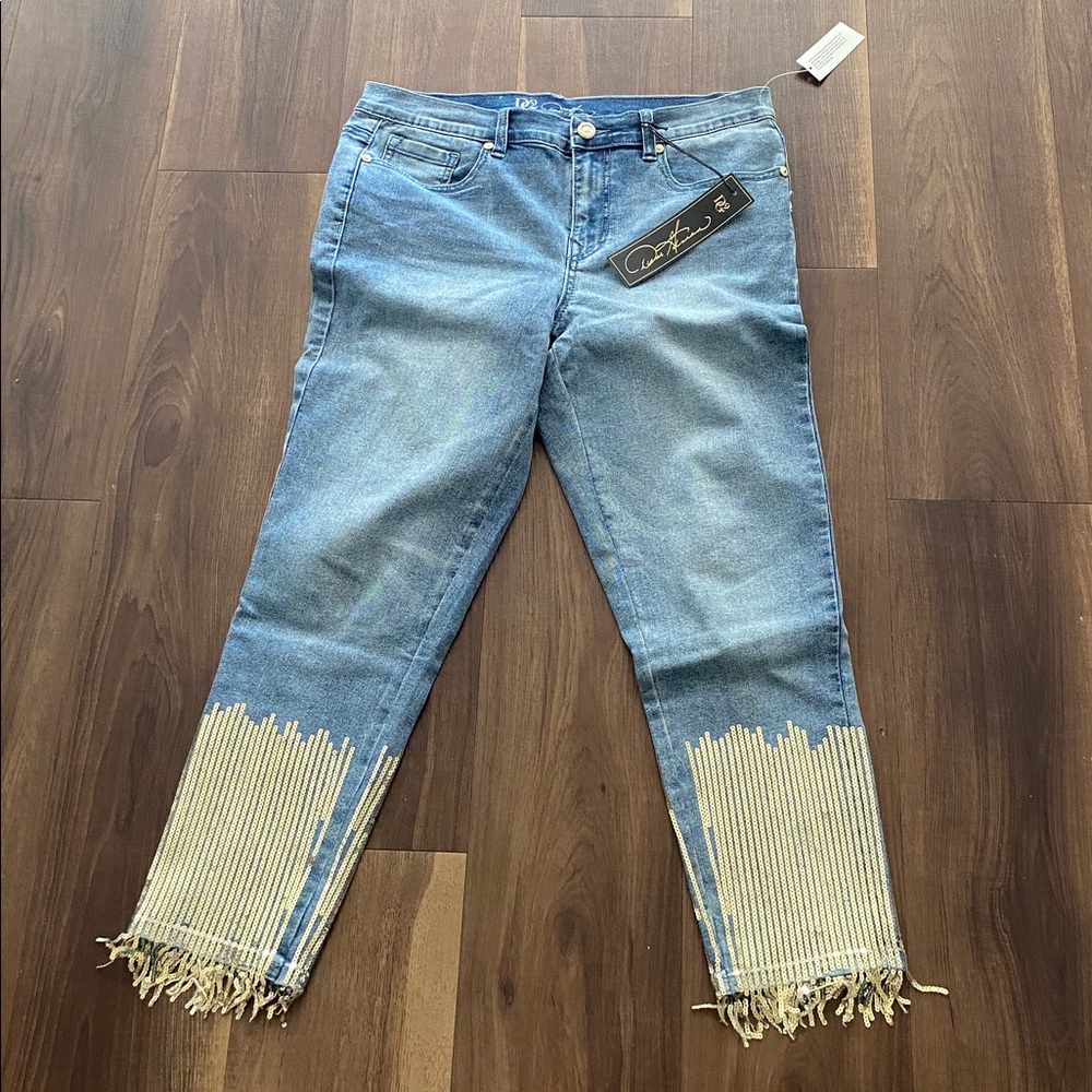 DG2 Diane Gilman Jeans Sz 12P Fringe Sequins High Rise Stretch